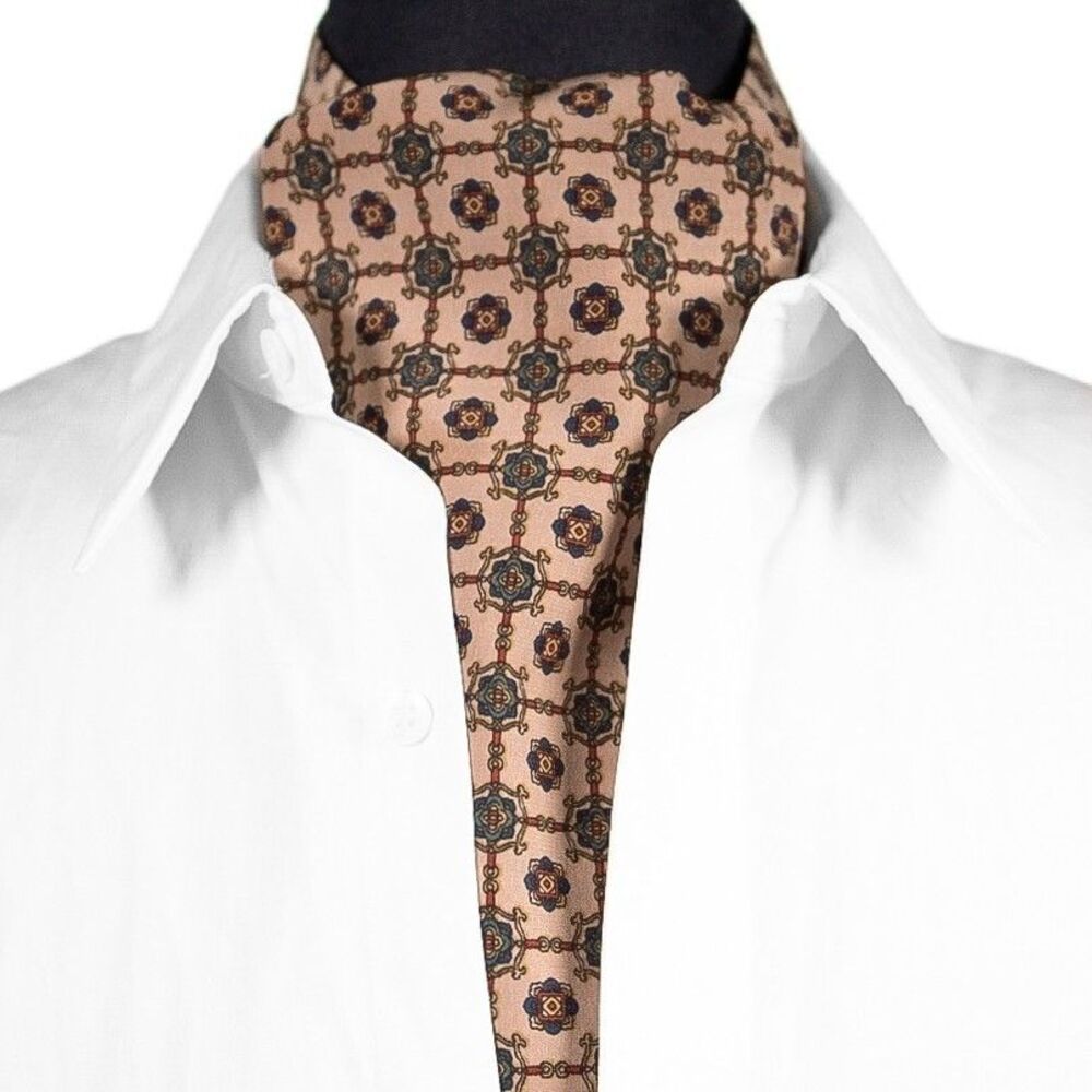 Mens Ascot Cravat Medallion Geometric Cream Multicolor Formal Wedding Necktie